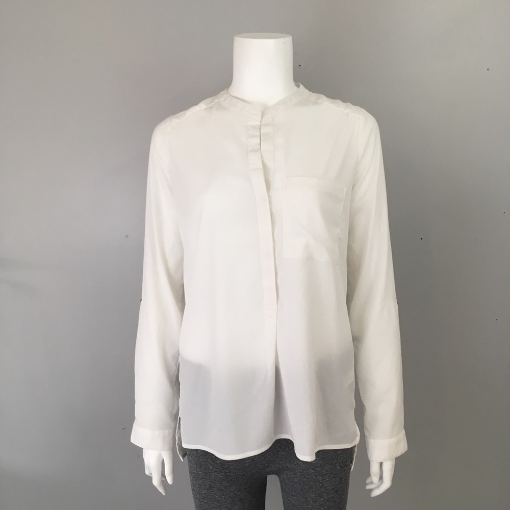 Alfred Sung Pullover Blouse Long Sleeve Roll Sleeves Semi Sheer White